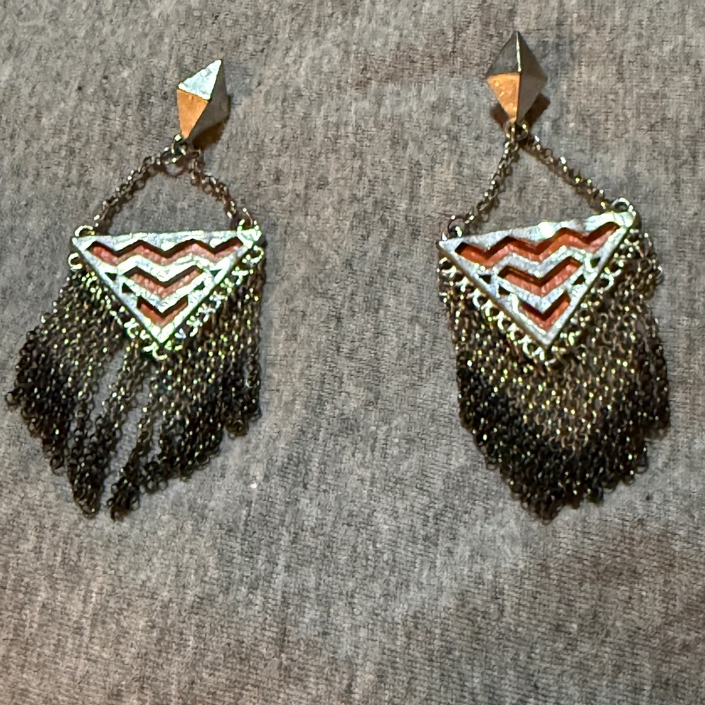 Geometric Silver and Gold Chain Earrings - Picture 3 of 4